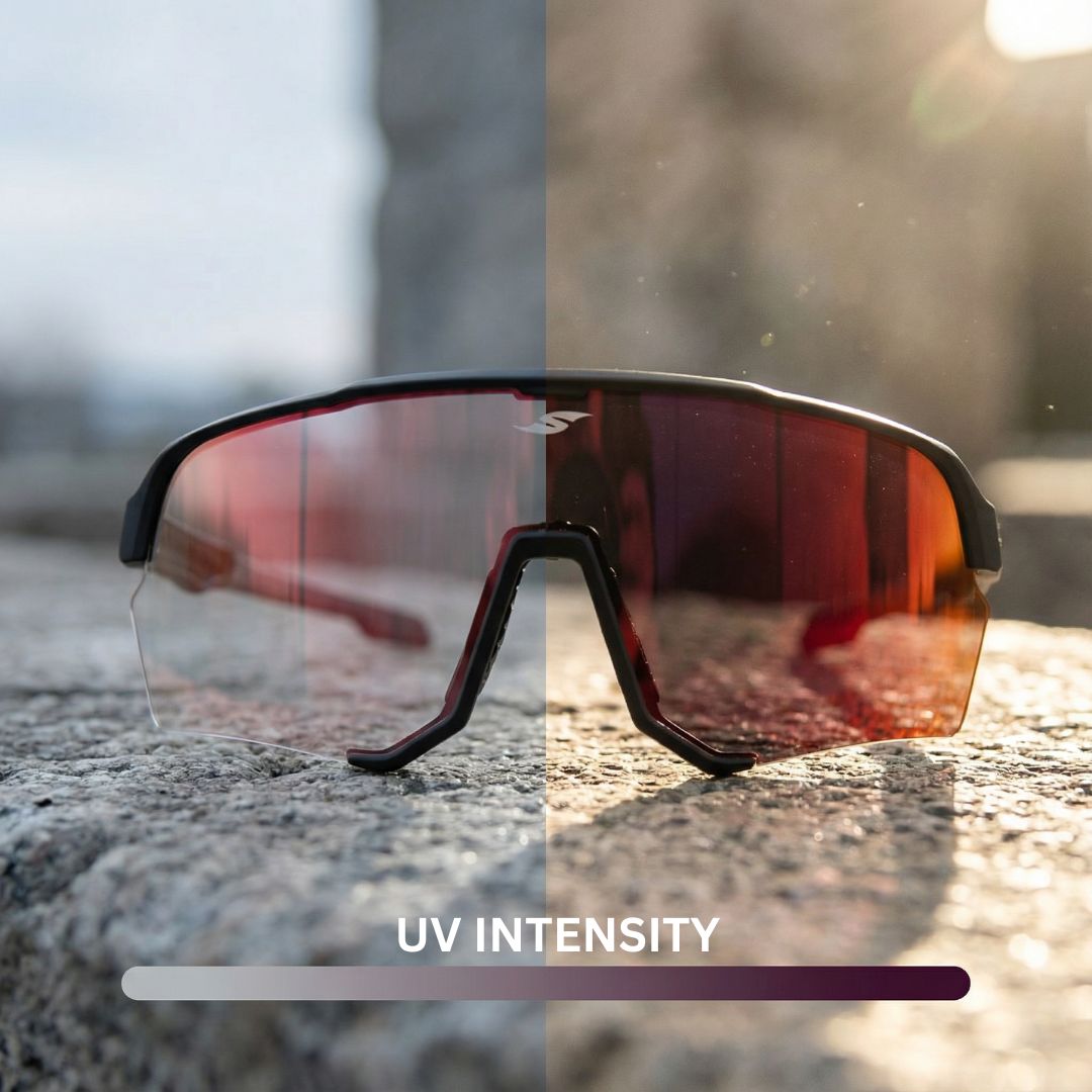 SAOLAR Emberline photochromic sports sunglasses showing dark-to-clear UV intensity transition, adaptive lens tint for cycling visibility and outdoor performance.