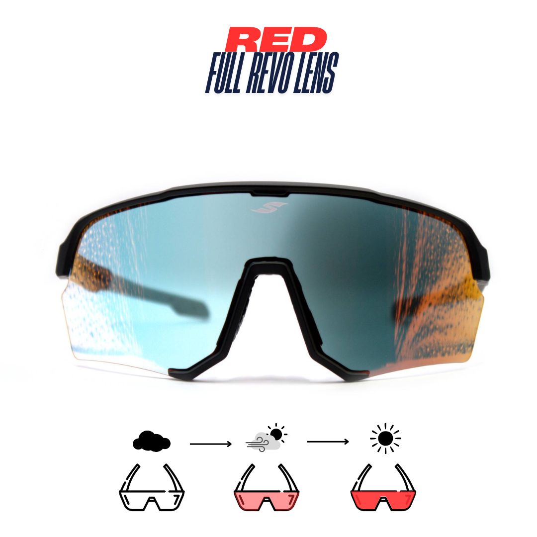 Front view: SAOLAR EmberLine sport sunglasses with red photochromic lenses, semi-rimless wraparound design.