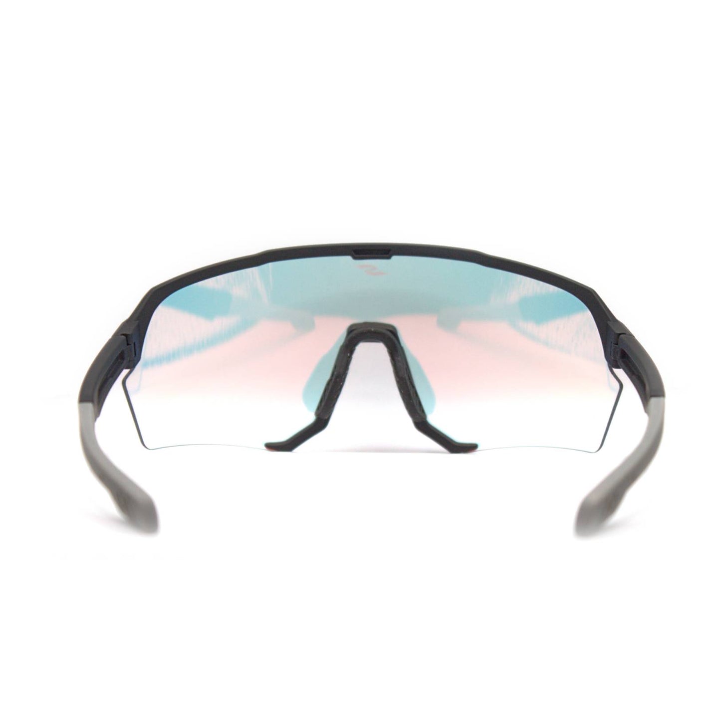 Back view: SAOLAR EmberLine sport sunglasses with red photochromic lenses, semi-rimless wraparound design.