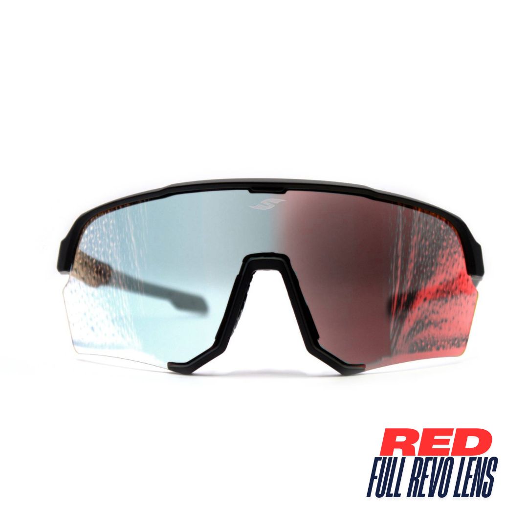 Front view: SAOLAR EmberLine sport sunglasses with red photochromic lenses, semi-rimless wraparound design.