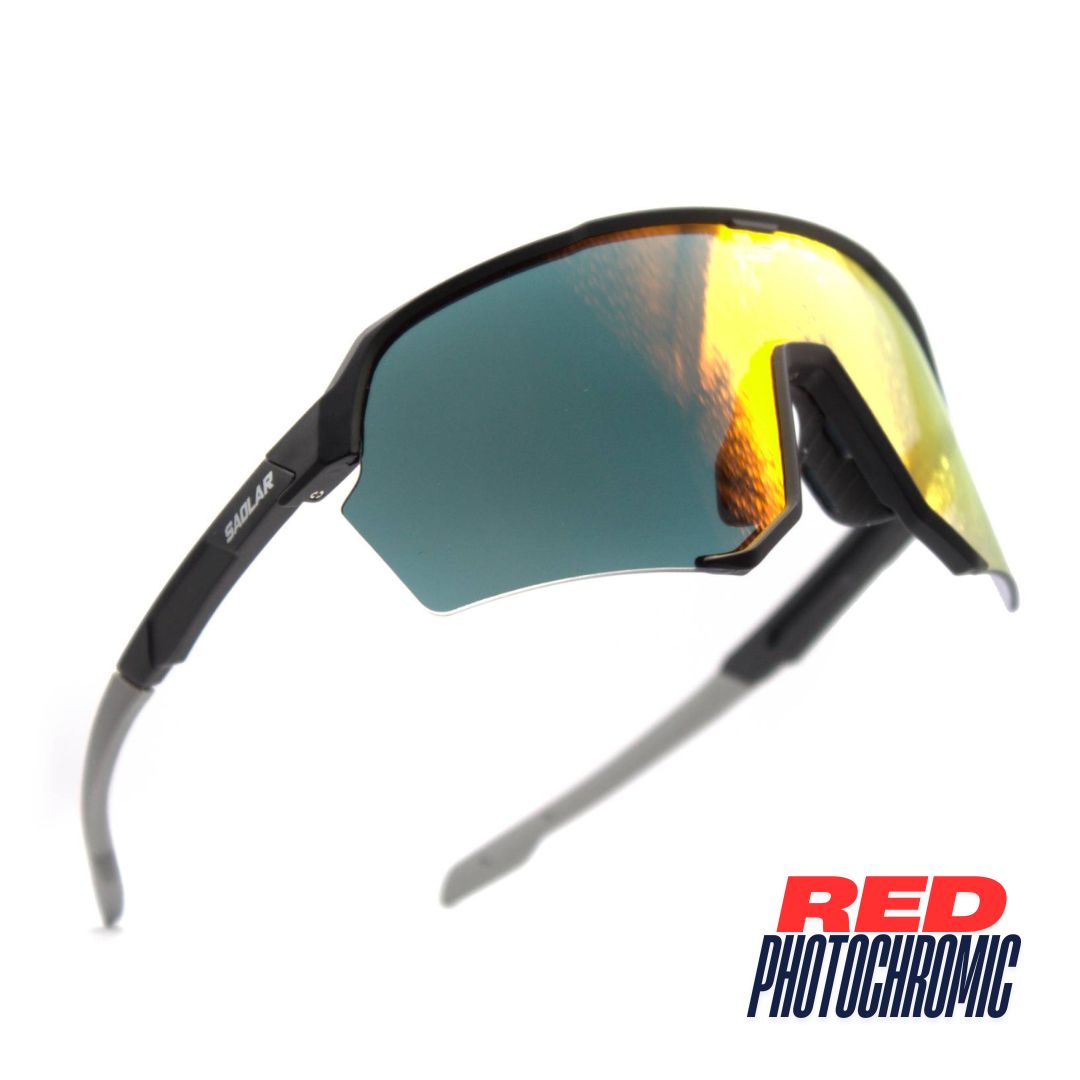 Isometric view: SAOLAR EmberLine sport sunglasses with red photochromic lenses, semi-rimless wraparound design.