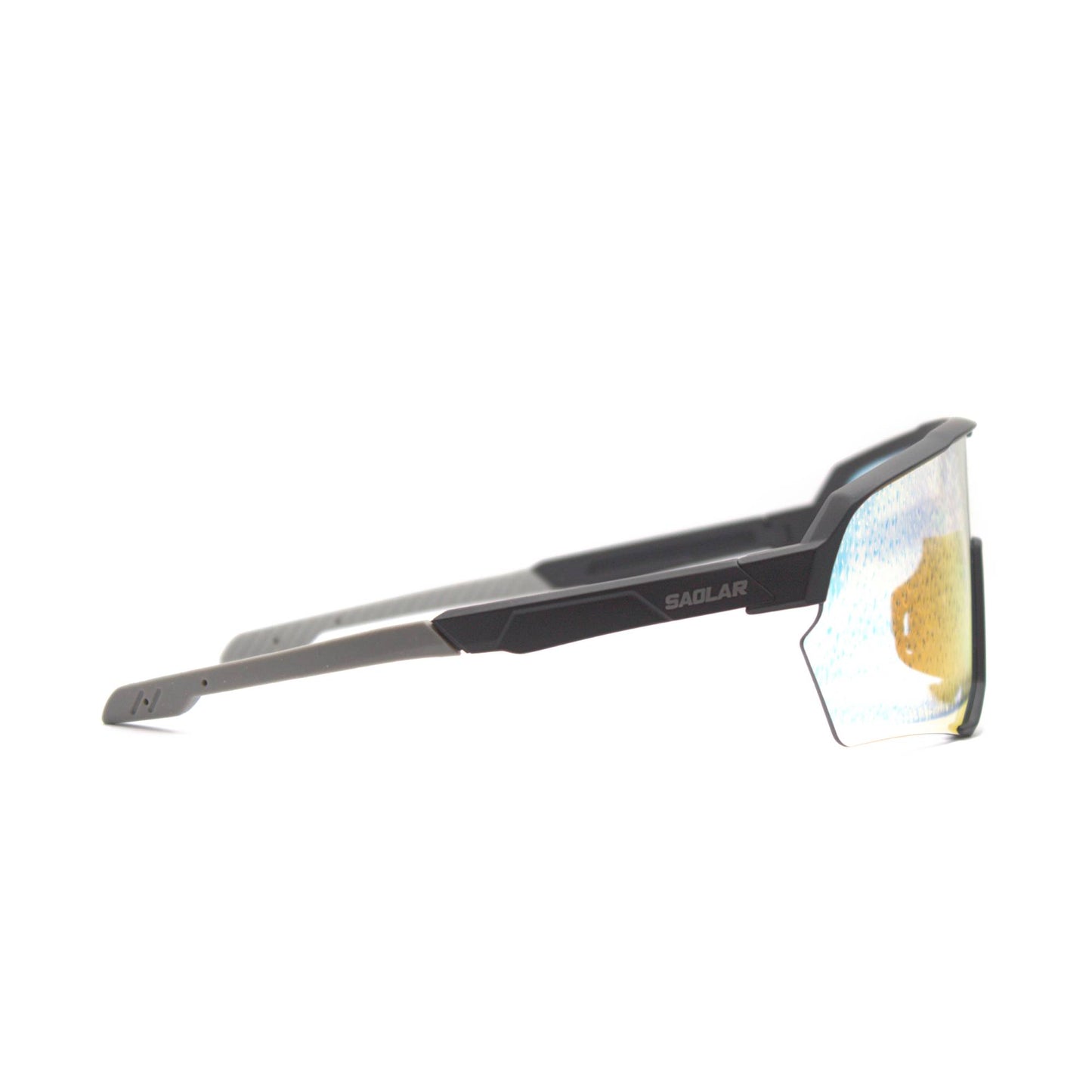 Side view: SAOLAR EmberLine sport sunglasses with red photochromic lenses, semi-rimless wraparound design.