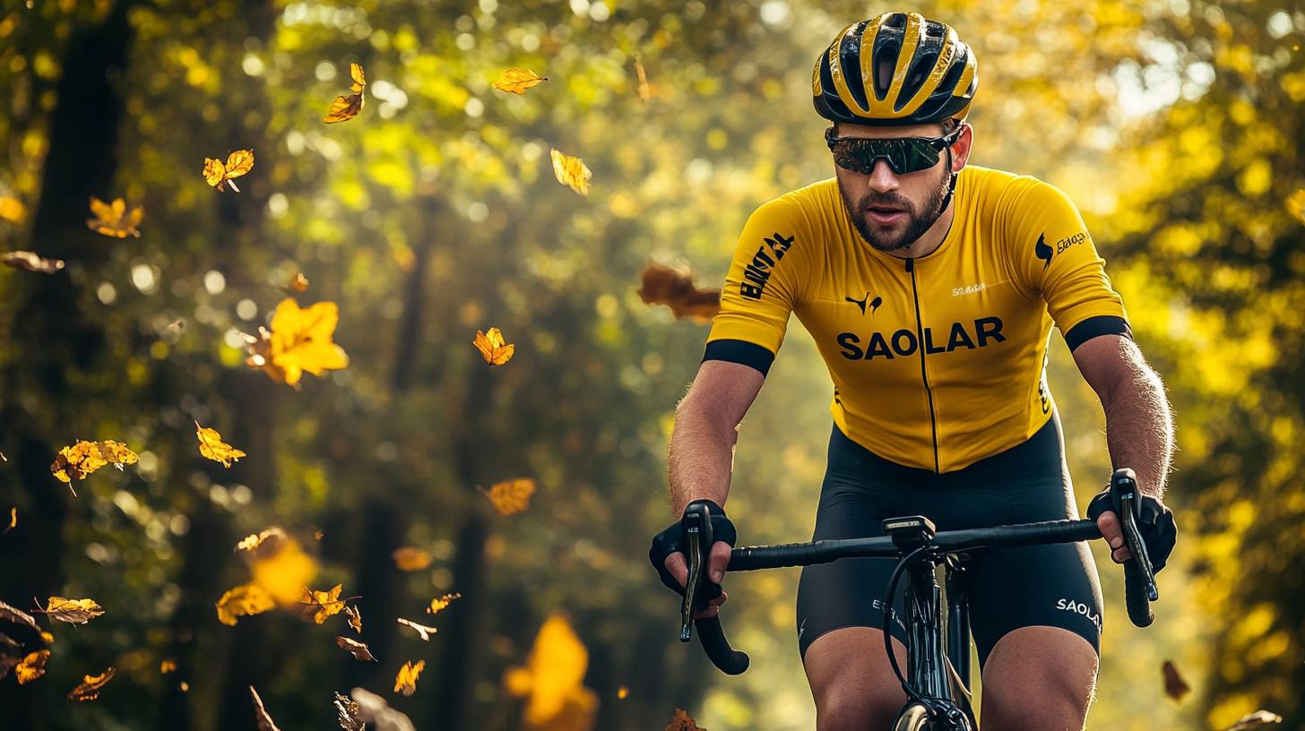 A cyclist rides through autumn leaves, wearing yellow SAOLAR gear.