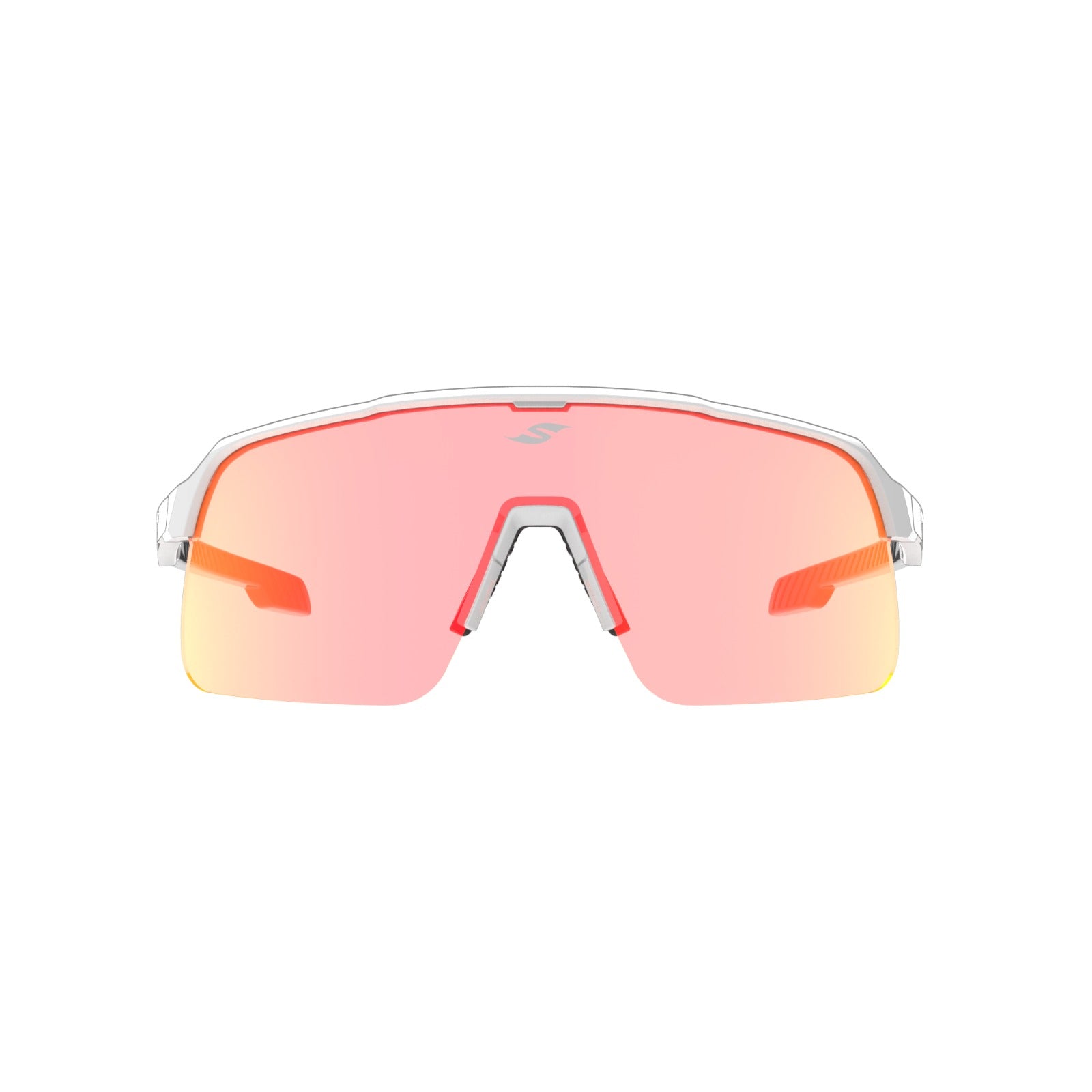 Front view of SAOLAR Flareforce Kingsnake sunglasses featuring wraparound shield lens with red-orange mirror finish and sleek white frame design