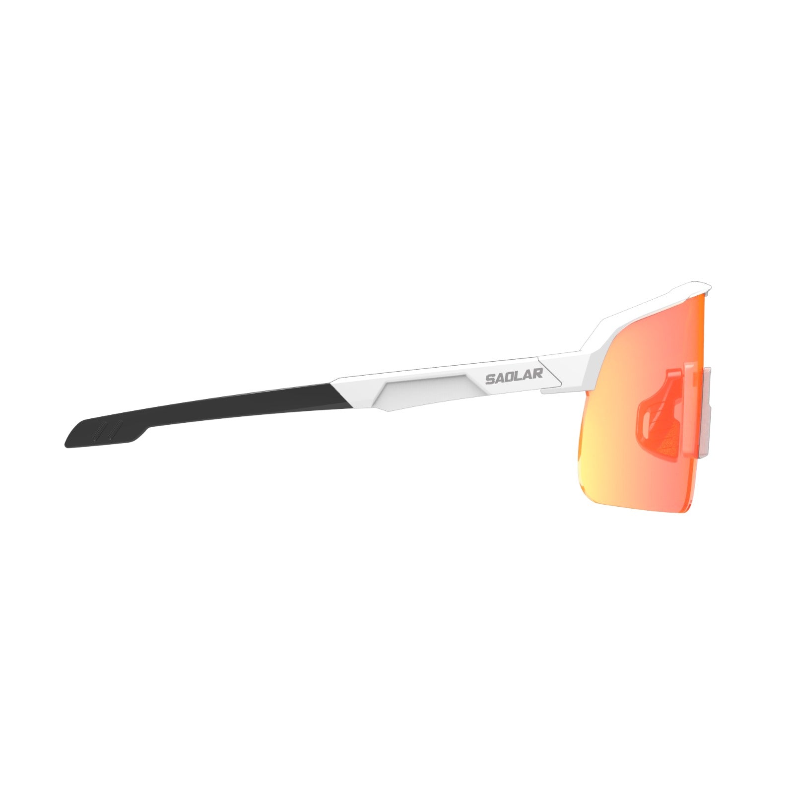SAOLAR Flareforce Kingsnake sunglasses with white frame, wraparound shield lens, red-orange mirror finish, lightweight design for cycling performance and comfort