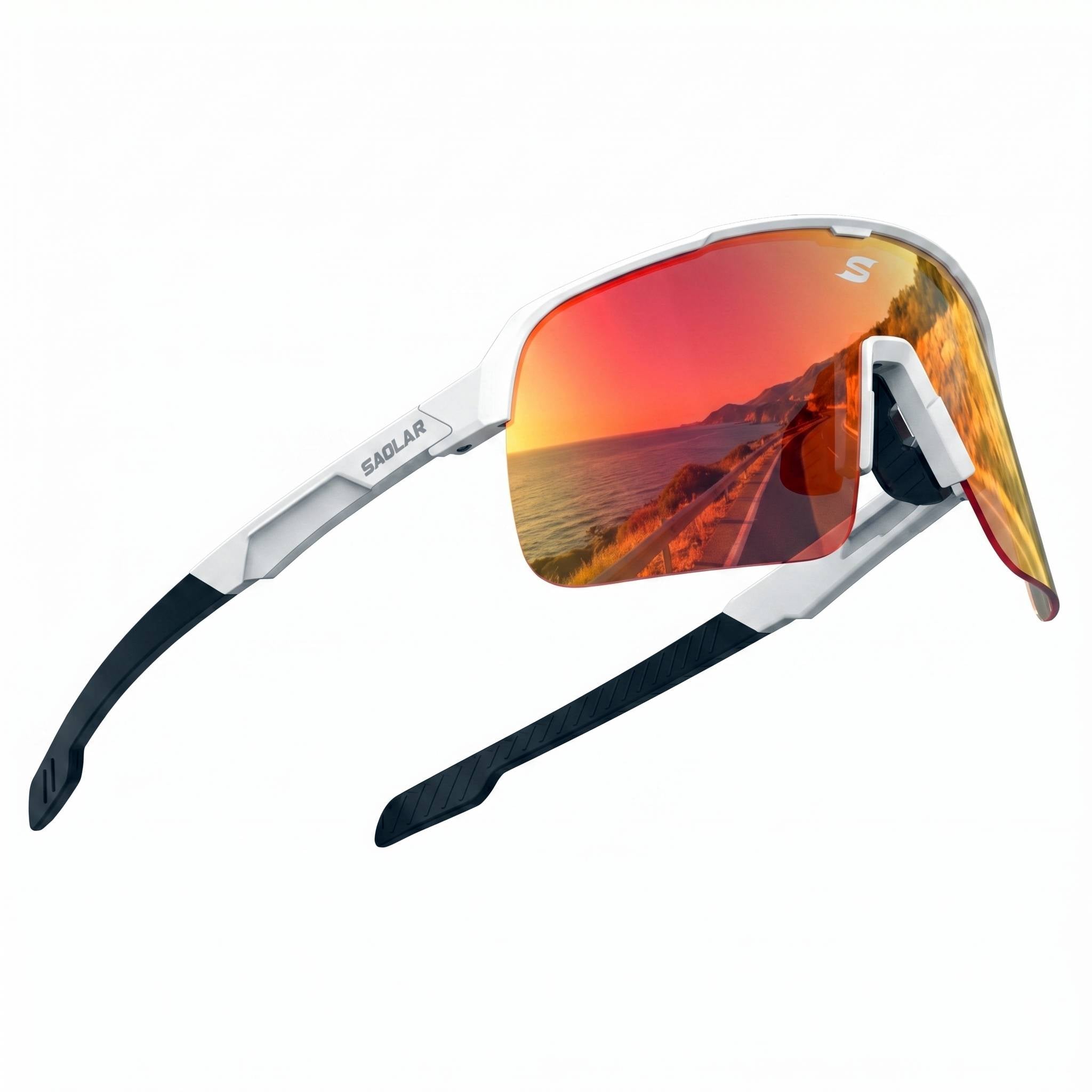 SAOLAR Flareforce Kingsnake performance sunglasses with red photochromic lenses category 0 to 3. Shop premium wraparound sports eyewear with UV400 protection, lightweight semi rimless frame, and enhanced field of vision. Ideal for cycling, running, and outdoor training. Built for comfort, stability, and adaptive clarity in any lighting environment.