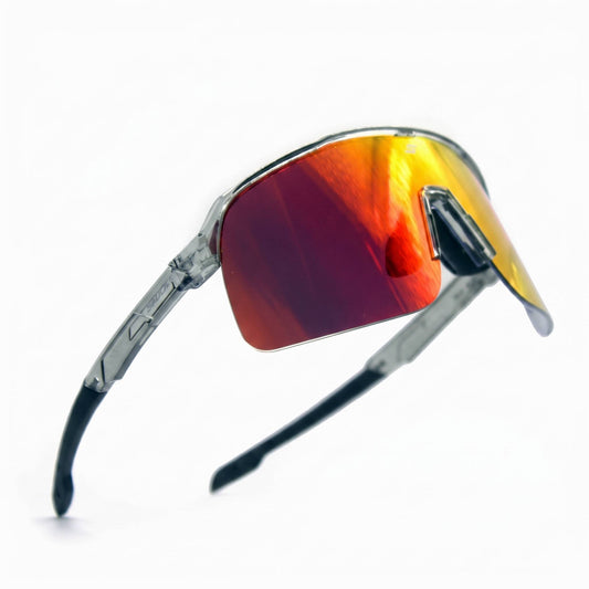SAOLAR Flareforce photochromic sport sunglasses with adaptive red lenses category 0 to 3. Buy high performance wraparound cycling sunglasses with UV400 protection, lightweight semi rimless frame, and all day comfort. Perfect for running, biking, and outdoor sports. Designed for maximum clarity, durability, and versatile performance in changing light conditions.