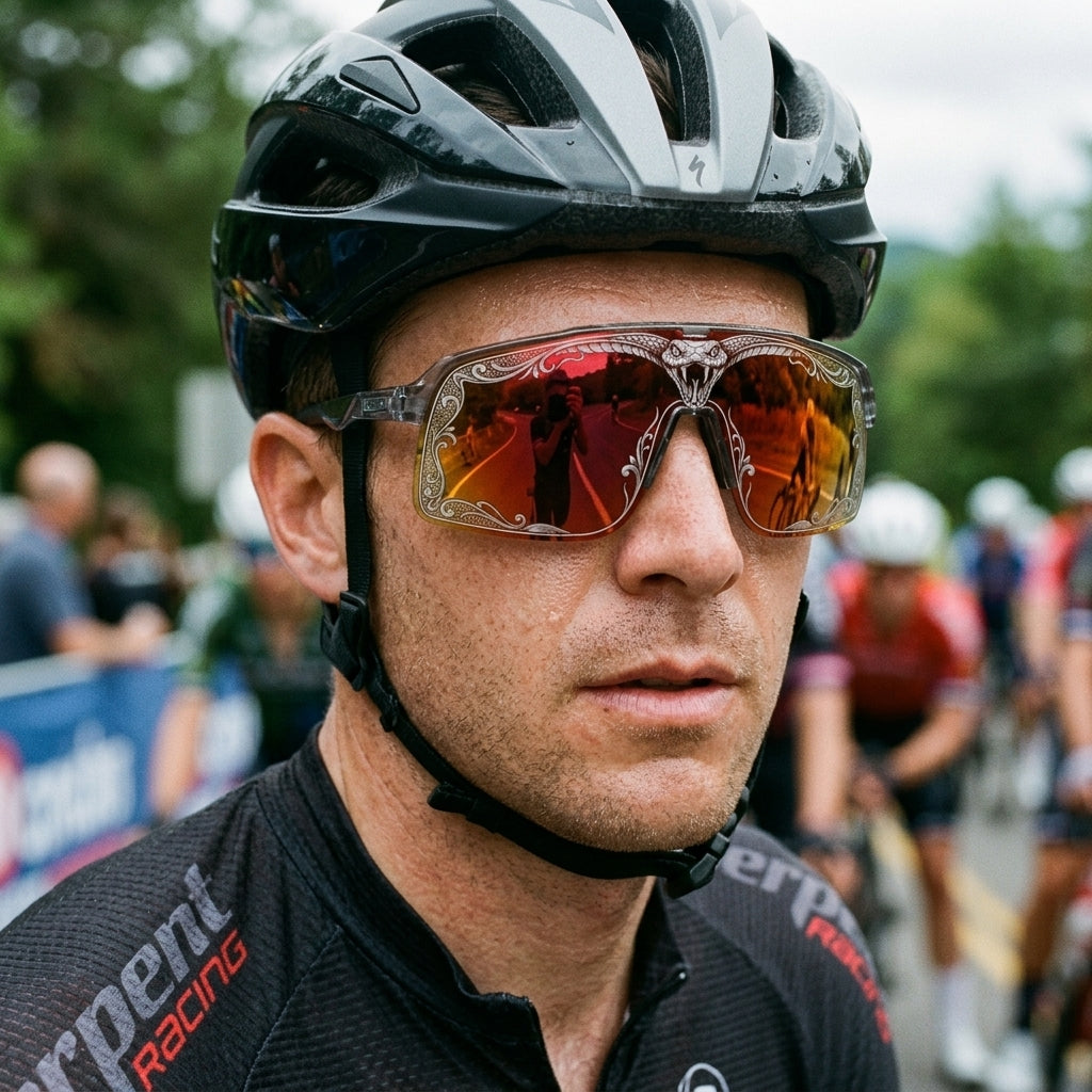 Cyclist wearing SAOLAR Flareforce Venom sunglasses with a red-orange mirrored panoramic lens and intricate venom snake engraving. These wraparound cycling sunglasses offer a striking performance look, broad eye coverage and aerodynamic sport styling, making them ideal for road cycling, gravel riding and outdoor adventures in bright conditions.