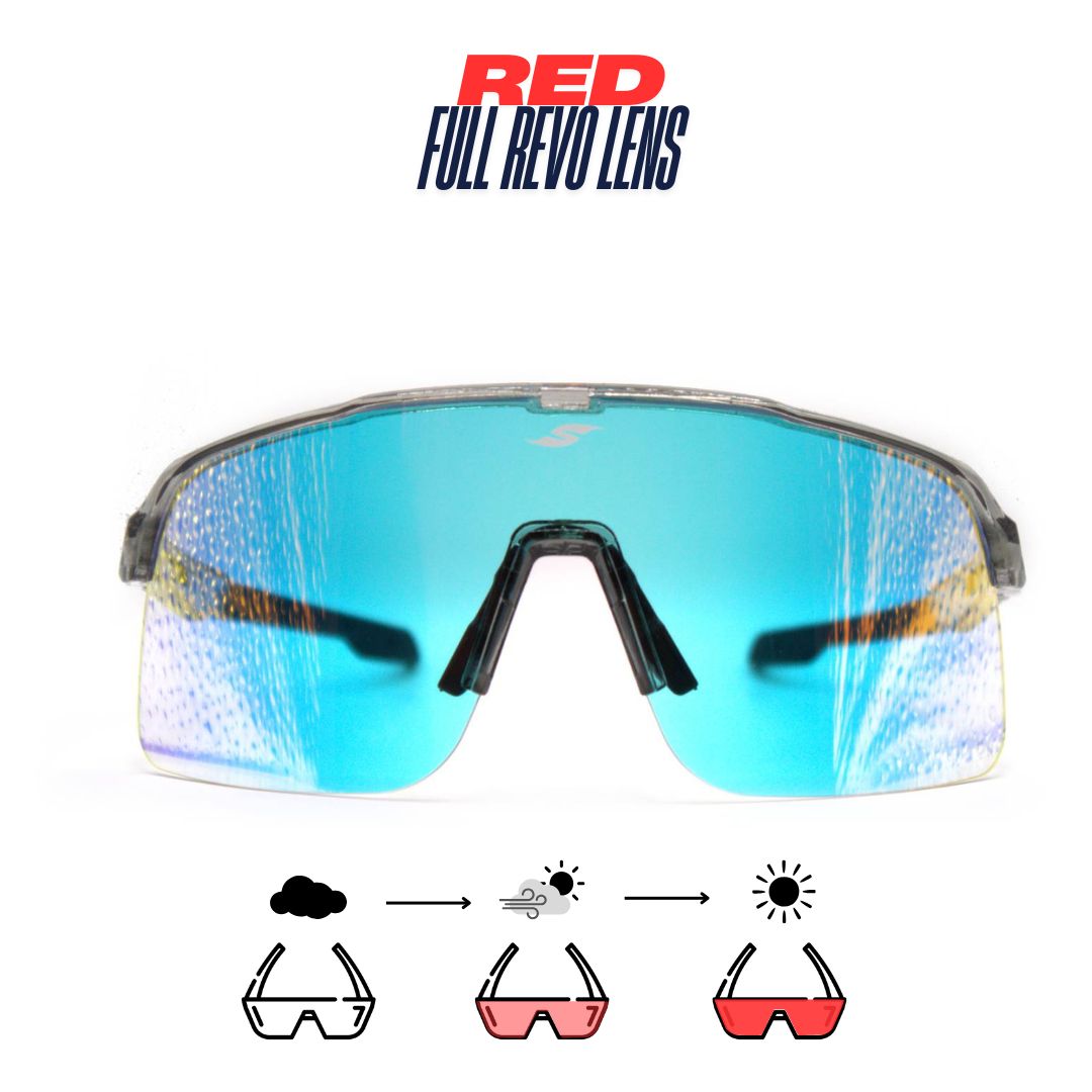Front view: SAOLAR Flareforce sport sunglasses with red photochromic lenses, semi-rimless wraparound design for athletes.