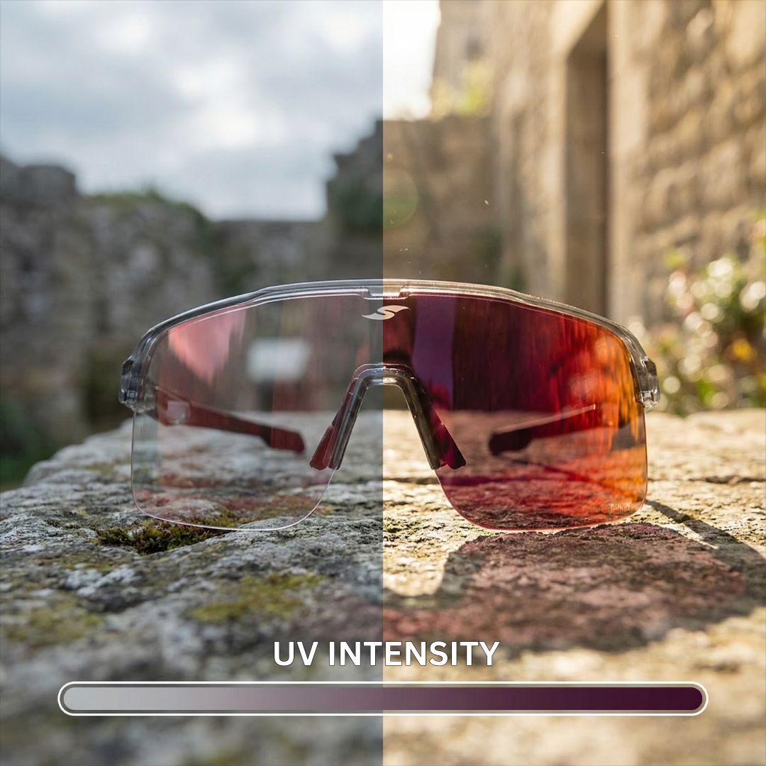SAOLAR Flareforce photochromic sports sunglasses showing clear-to-dark UV transition, adaptive cycling lens technology for all-weather clarity and performance.