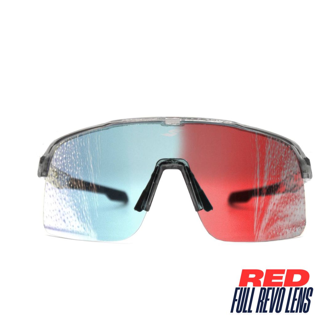 Front view: SAOLAR Flareforce sport sunglasses with red photochromic lenses, semi-rimless wraparound design for athletes.