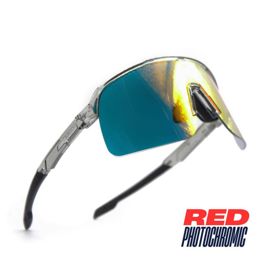 Isometric view: SAOLAR Flareforce sport sunglasses with red photochromic lenses, semi-rimless wraparound design for athletes.