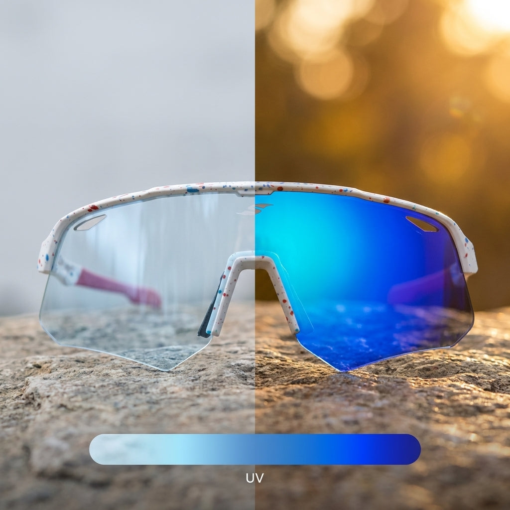 SAOLAR Flicker photochromic cycling sunglasses showing adaptive blue Full Revo mirror lens technology. The comparison illustrates the lens transitioning from nearly clear in low UV conditions to a deep blue mirror coating under strong sunlight, delivering enhanced contrast, UV400 protection, panoramic vision, and lightweight comfort for gravel, road, and bikepacking adventures.