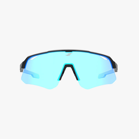 Front view of SAOLAR Flicker Boreal sunglasses showing the wide blue mirror shield lens, black upper frame, adjustable black nose pads, and transparent temple tips visible behind the lens. Prescription-compatible cycling sunglasses built for broad coverage, changing light, airflow, and clear vision from early low light to brighter conditions.
