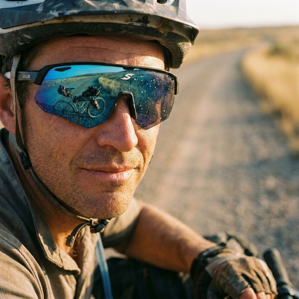 Cyclist wearing SAOLAR Flicker Boreal photochromic cycling sunglasses during a bikepacking adventure on a gravel road. Blue Full Revo shield lens reduces glare while providing panoramic vision and UV400 protection. Lightweight semi-rimless sports sunglasses designed for gravel riding, road cycling, MTB, and long-distance outdoor adventures in changing light conditions.
