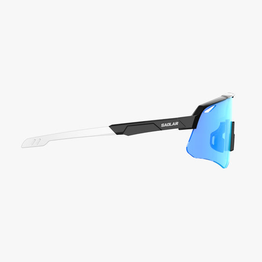 Side view of SAOLAR Flicker Boreal sunglasses with blue mirror photochromic shield lens, black frame, transparent temples, and SAOLAR logo on the arm. Prescription-compatible sport sunglasses designed for cycling, changing light, wide field of vision, and rides that move from shaded forest roads into open bright conditions.