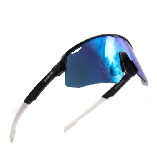 SAOLAR Flicker Boreal cycling sunglasses with blue photochromic Full Revo shield lens, lightweight black semi-rimless frame, and white rubberized temple tips on a white background.