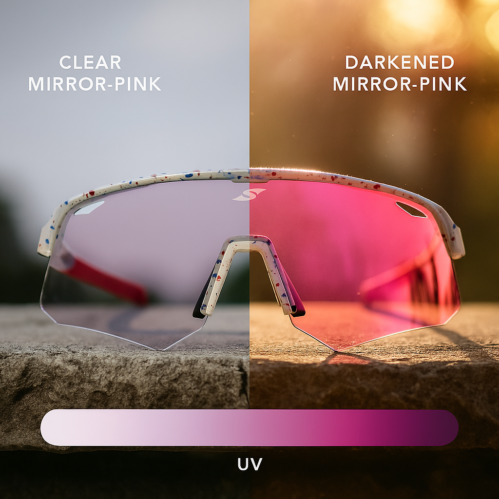 SAOLAR Flicker photochromic cycling glasses shift from clear mirror-pink to deep tint, delivering adaptive clarity, comfort, and vibrant protection.