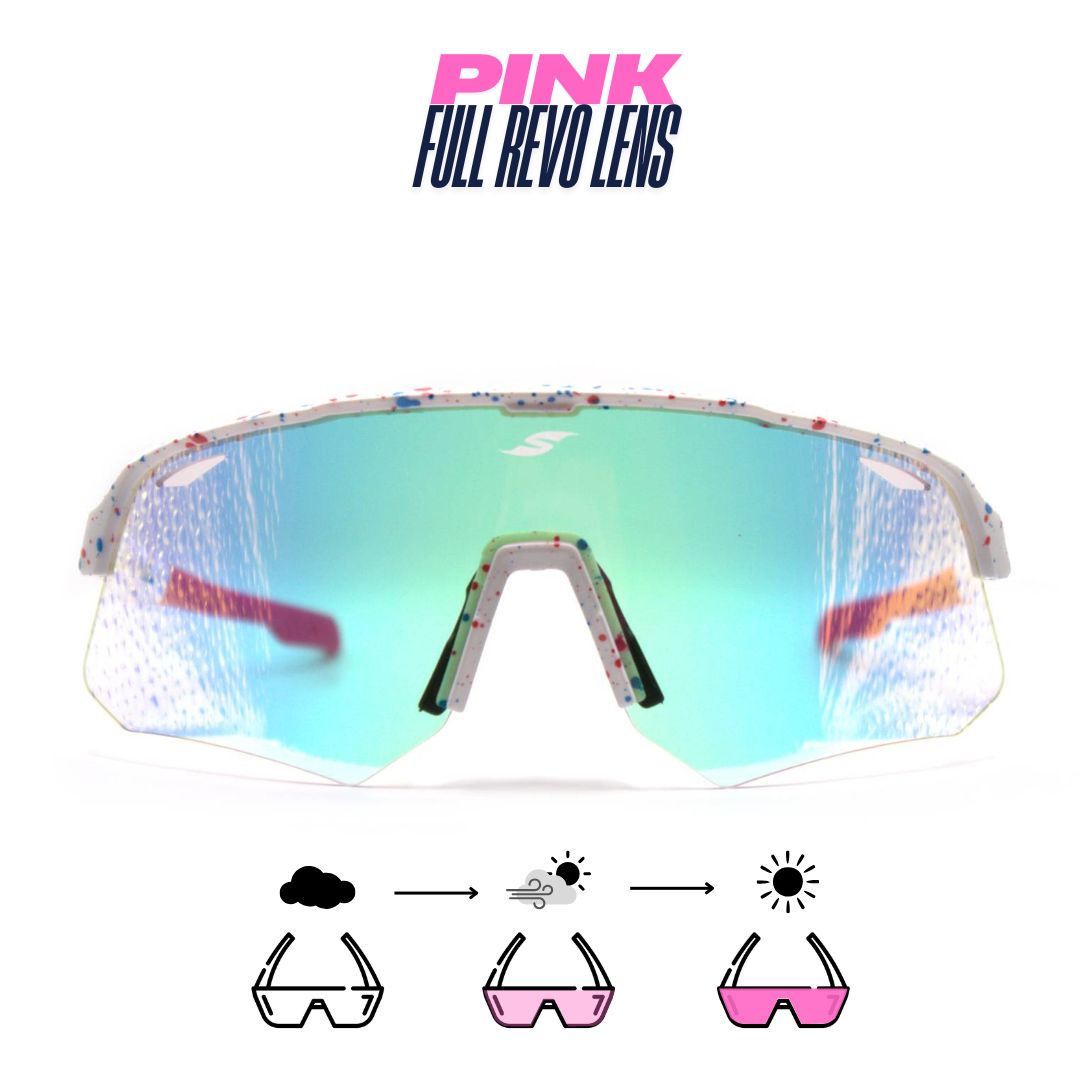 Front view: SAOLAR Flicker sport sunglasses with pink photochromic lenses, semi-rimless wraparound design, speckled frame.