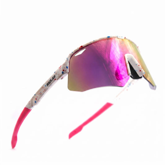 SAOLAR Flicker photochromic sport sunglasses for sale with pink full revo lenses category 0 to 3. Buy lightweight wraparound cycling sunglasses with UV400 protection, prescription ready insert, anti glare clarity, durable frame, and comfortable fit. Ideal for running, biking, and outdoor sports in all light conditions.