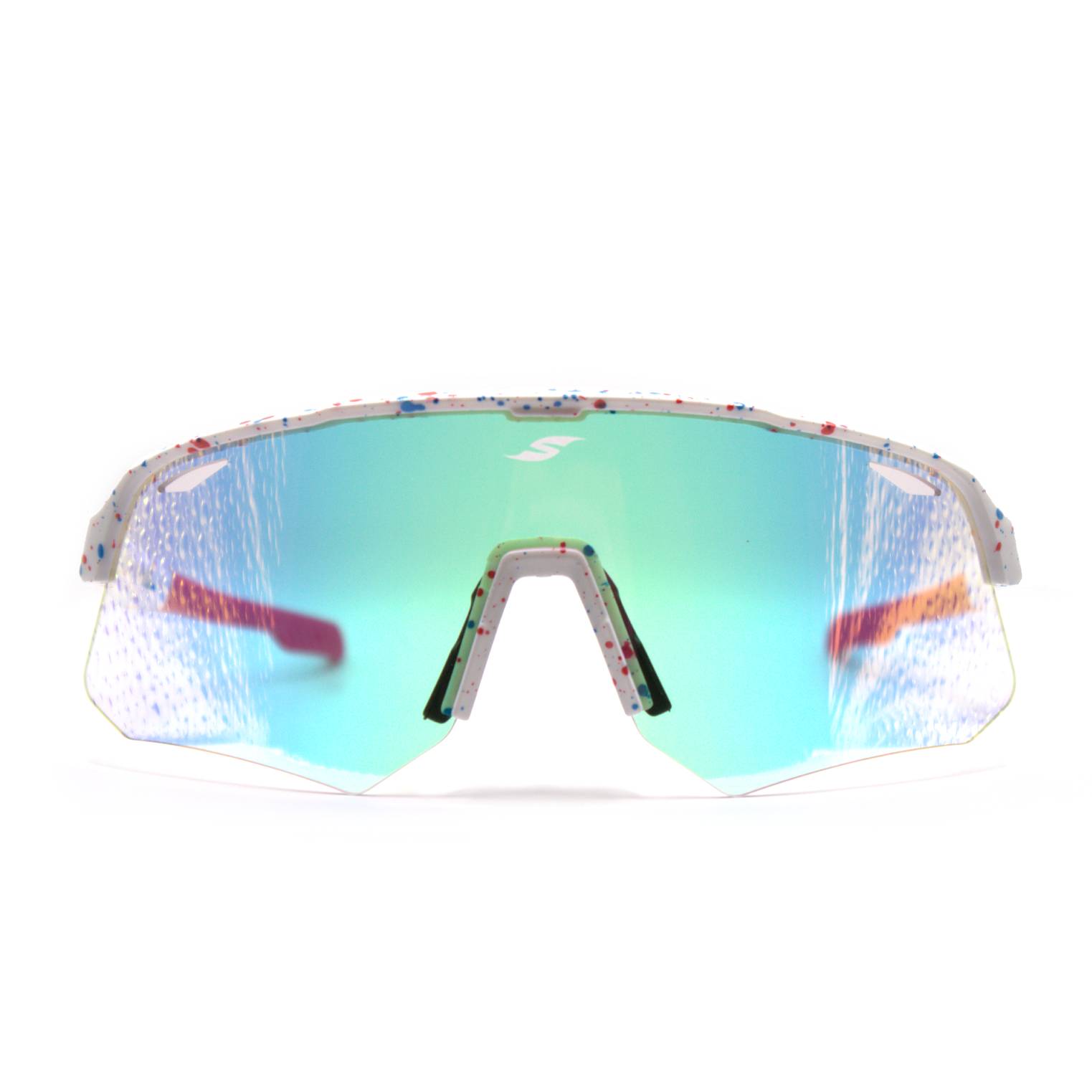 Front view of SAOLAR Flicker cycling sunglasses featuring photochromic Full Revo shield lens, white speckled semi-rimless brow bar, and adjustable nose pads on a white background.