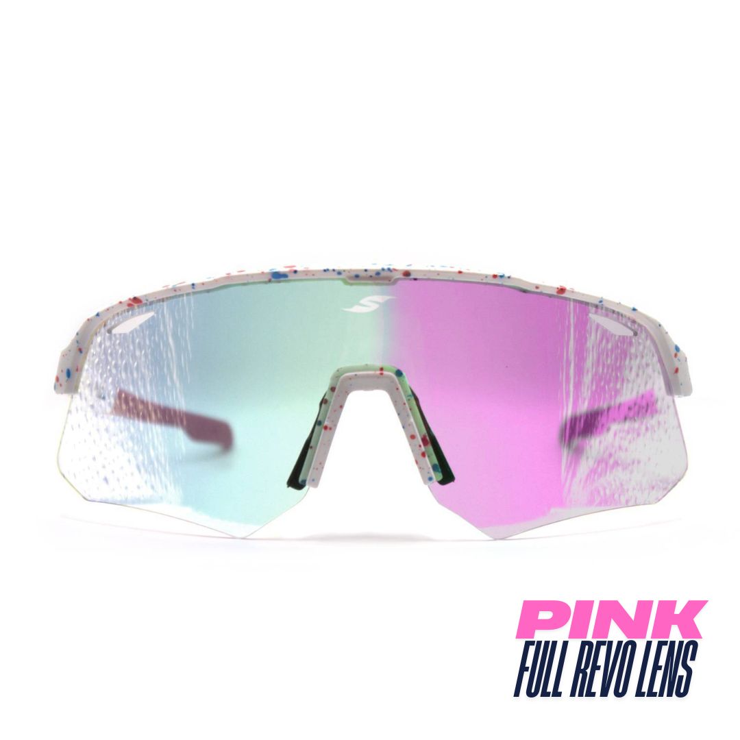 Front view: SAOLAR Flicker sport sunglasses with pink photochromic lenses, semi-rimless wraparound design, speckled frame.