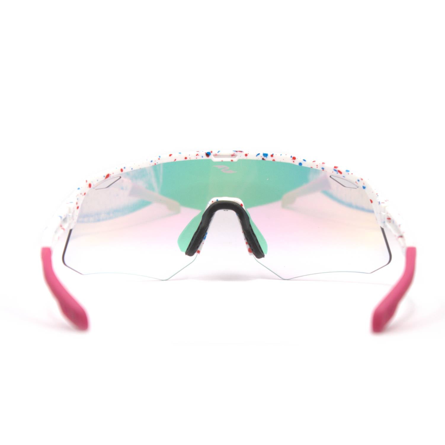 Back view: SAOLAR Flicker sport sunglasses with pink photochromic lenses, semi-rimless wraparound design, speckled frame.