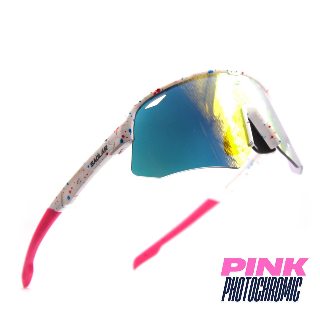 Isometric view: SAOLAR Flicker sport sunglasses with pink photochromic lenses, semi-rimless wraparound design, speckled frame.