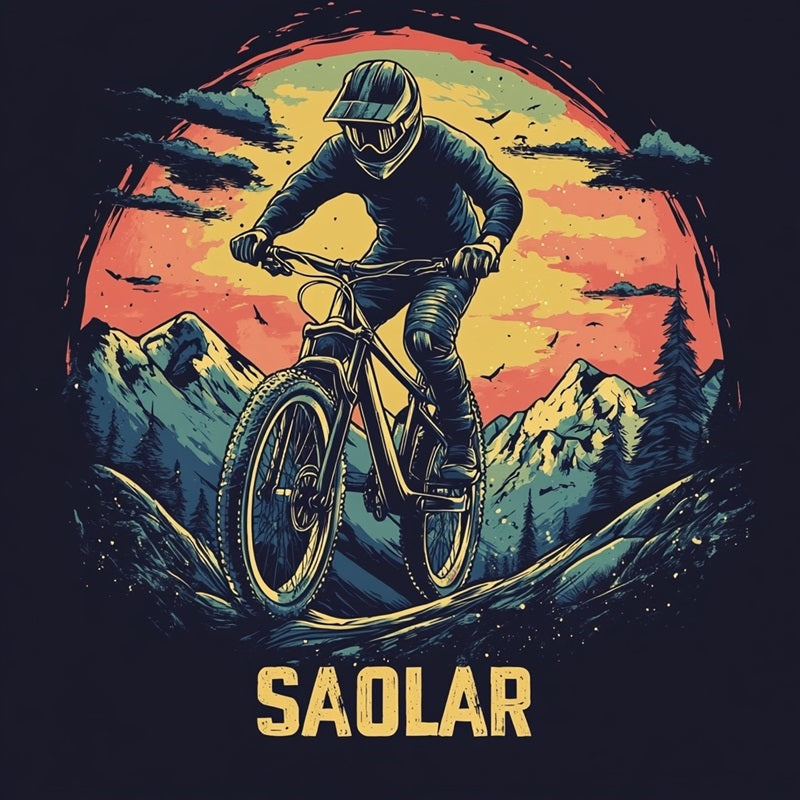 SAOLAR Apex cotton t-shirt featuring mountain biking at sunset design.