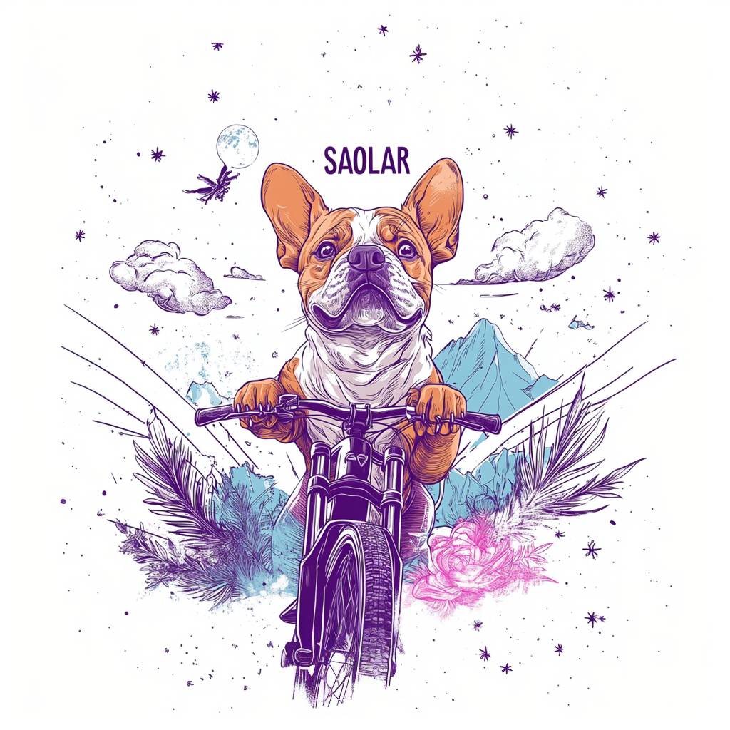 Playful dog on bike graphic on DoggoDash cotton t-shirt design.