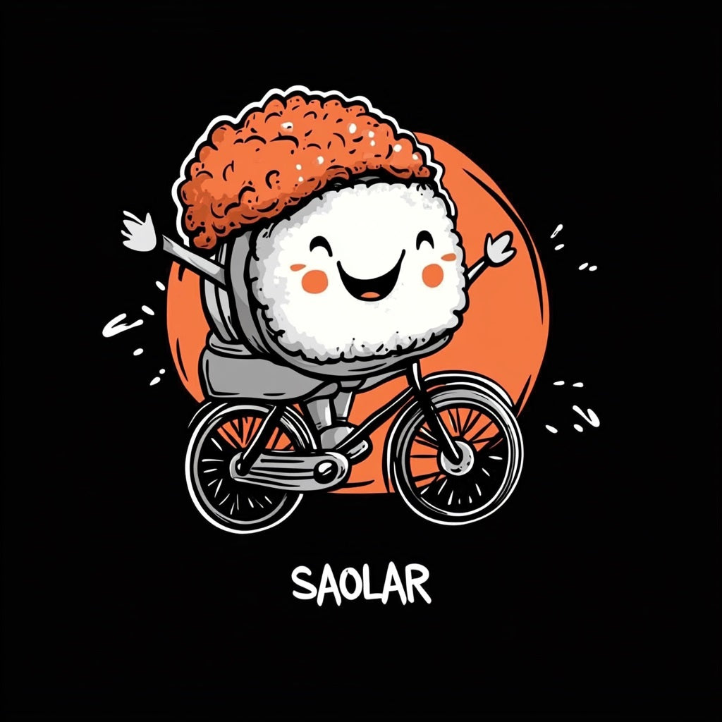 Fun and vibrant SAOLAR t-shirt with sushi riding bicycle design.