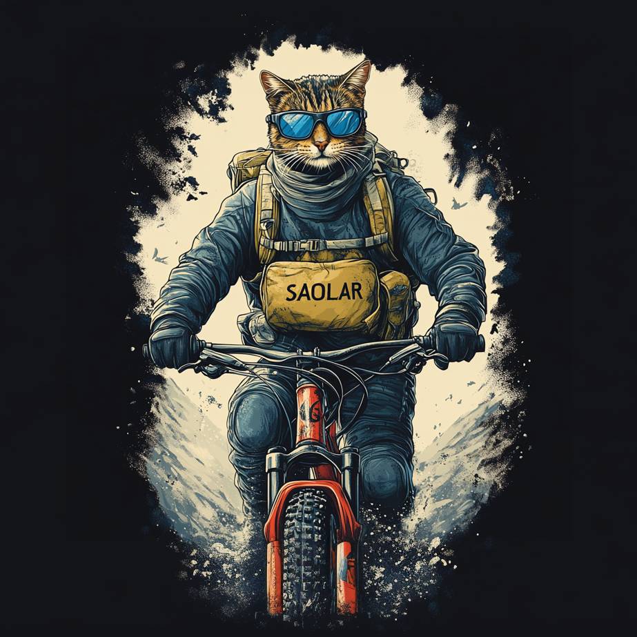 Cat wearing sunglasses, riding a bike on 100% cotton t-shirt.