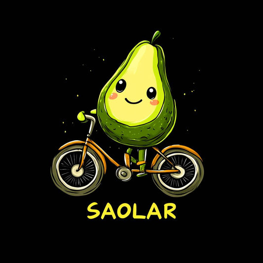 SAOLAR t-shirt featuring cute avocado character cycling, perfect for fun.