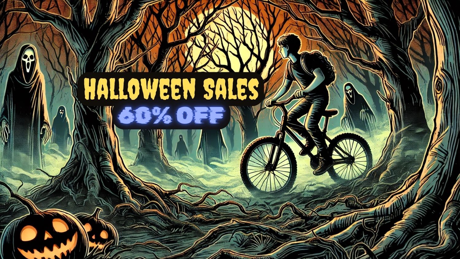 A cyclist in a spooky forest surrounded by masked figures, pumpkins, and a "Halloween Sales 60% OFF" sign.