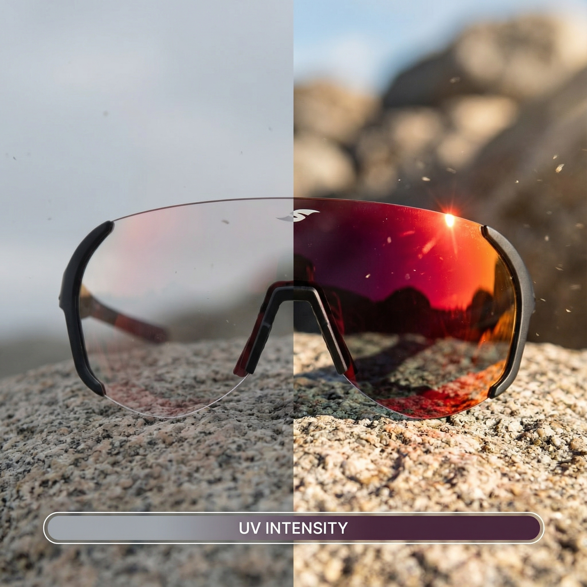 SAOLAR Hyperion photochromic sports sunglasses with clear-to-dark UV transition, adaptive cycling lens technology ensuring all-weather visibility, clarity and performance.