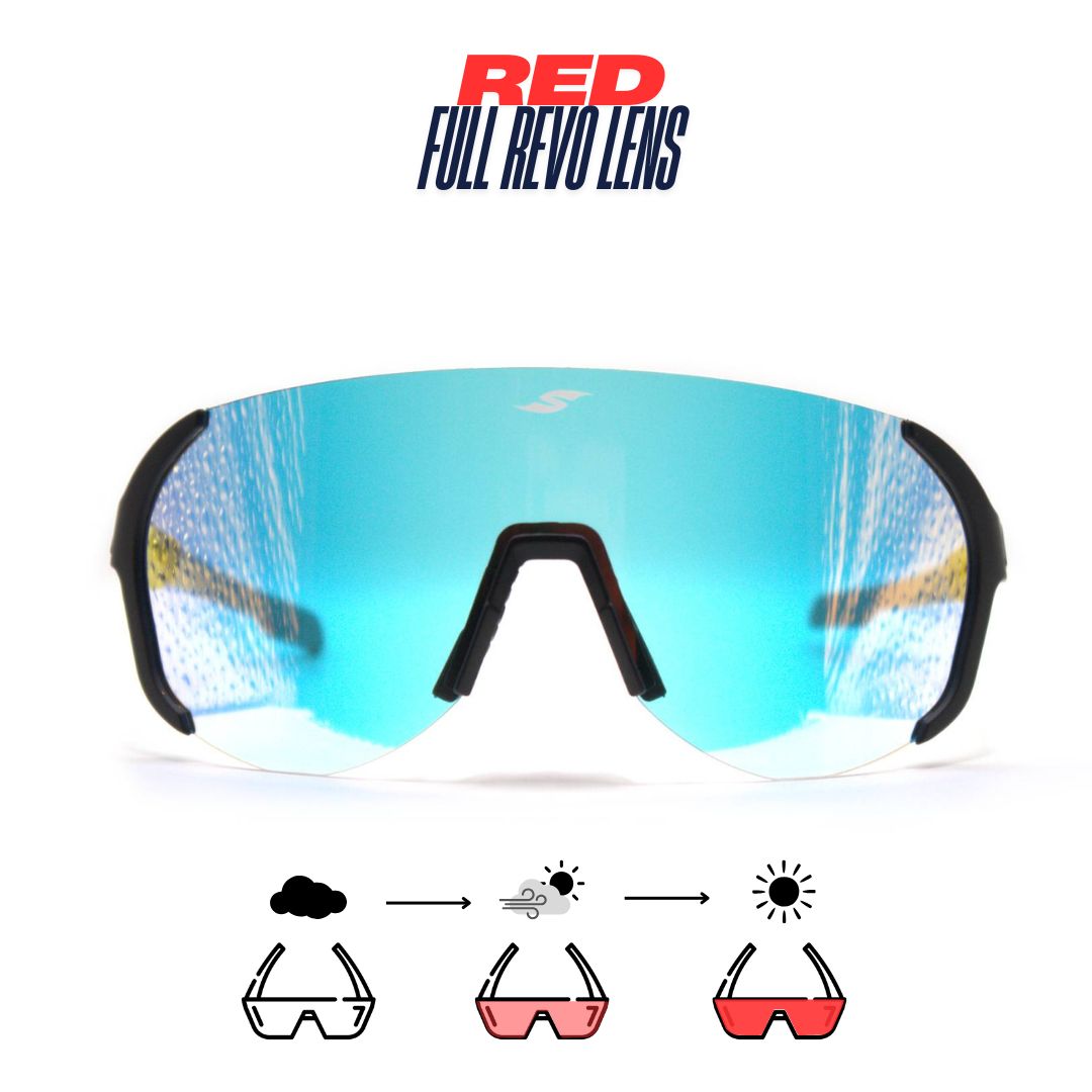 Front view: SAOLAR Hyperion sport sunglasses with red photochromic lenses, semi-rimless wraparound design for athletes.