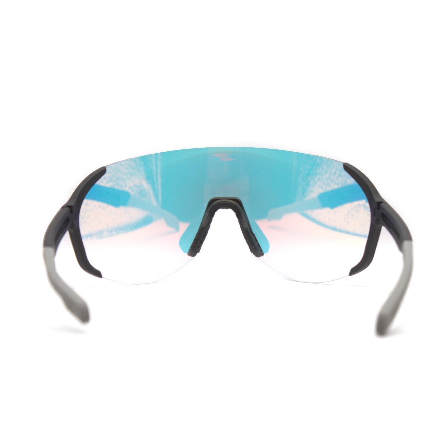 Back view: SAOLAR Hyperion sport sunglasses with red photochromic lenses, semi-rimless wraparound design for athletes.