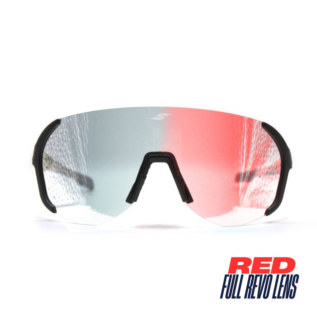 Front view: SAOLAR Hyperion sport sunglasses with red photochromic lenses, semi-rimless wraparound design for athletes.