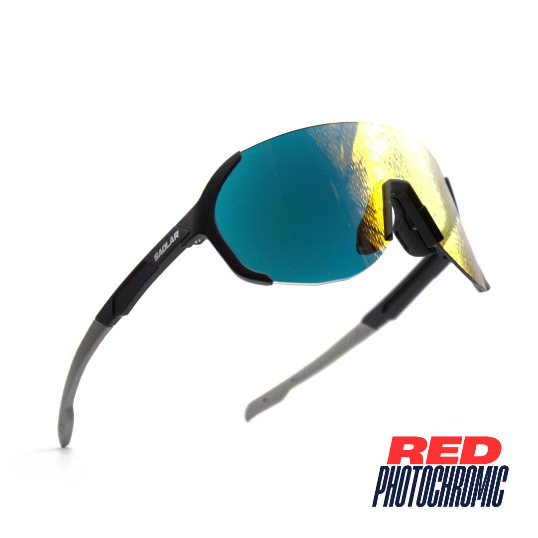 Isometric view: SAOLAR Hyperion sport sunglasses with red photochromic lenses, semi-rimless wraparound design for athletes.