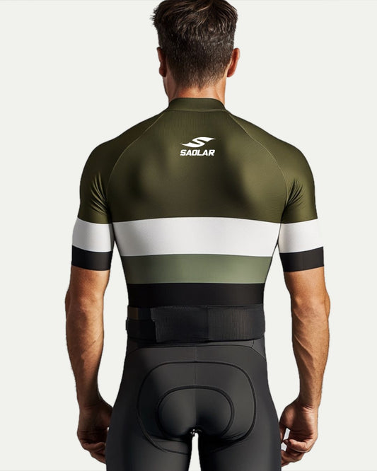 Male cyclist wearing olive-green SAOLAR performance jersey with race-fit design.