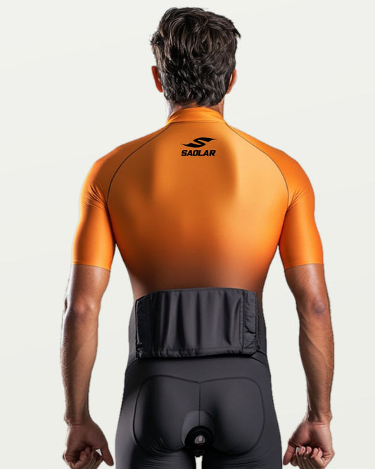 SAOLAR performance jersey in bold orange, lightweight and aerodynamic design.