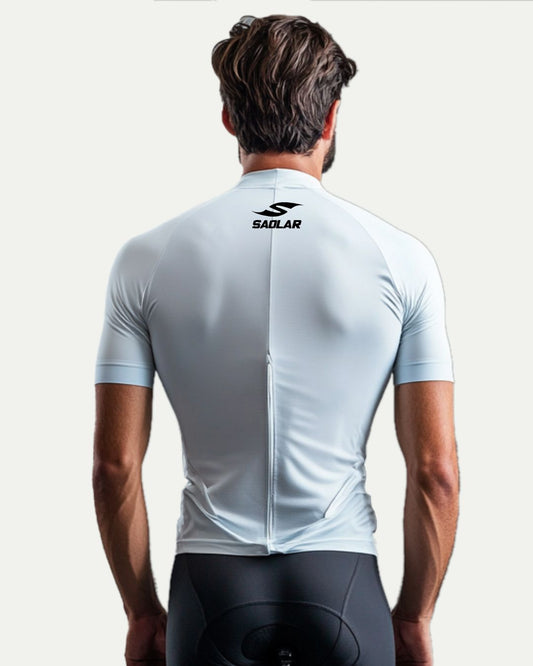 SAOLAR lightweight cycling jersey in soft blue, with race-fit silhouette.