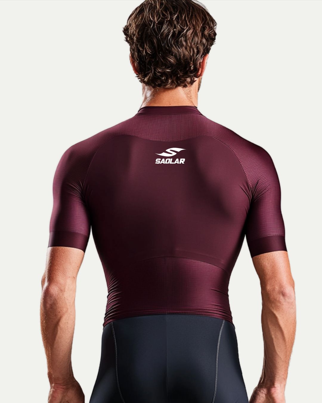SAOLAR performance cycling jersey in deep burgundy, modern minimalist style.