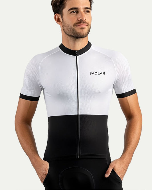 Cyclist wearing SAOLAR black-and-white cycling jersey, sleek modern design.