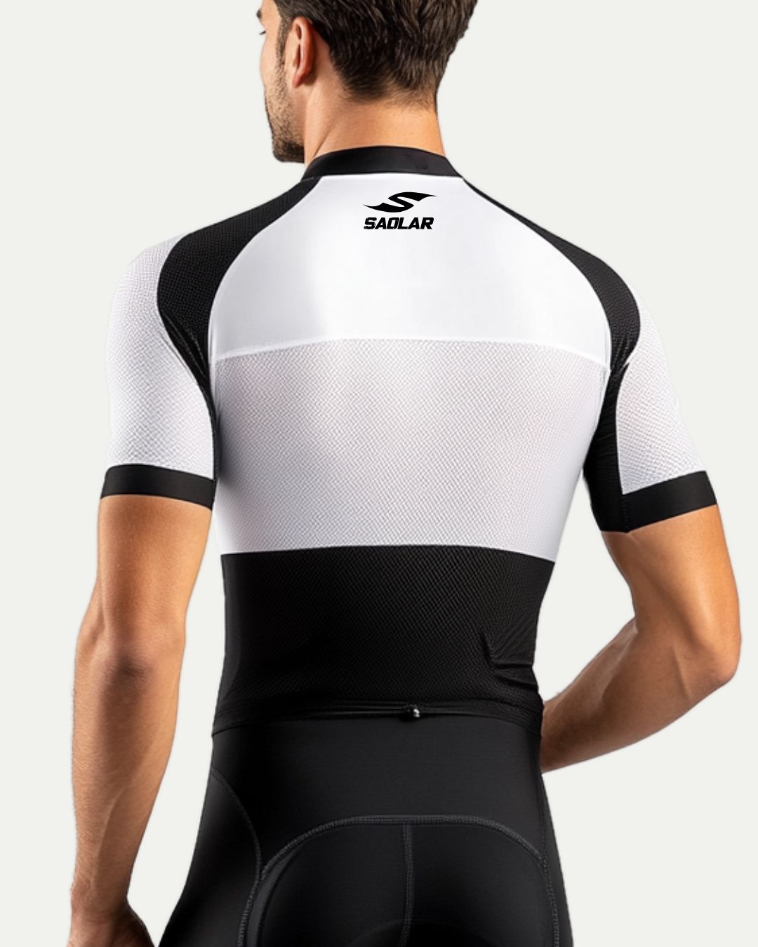 SAOLAR performance cycling jersey with race-fit design in black and white.