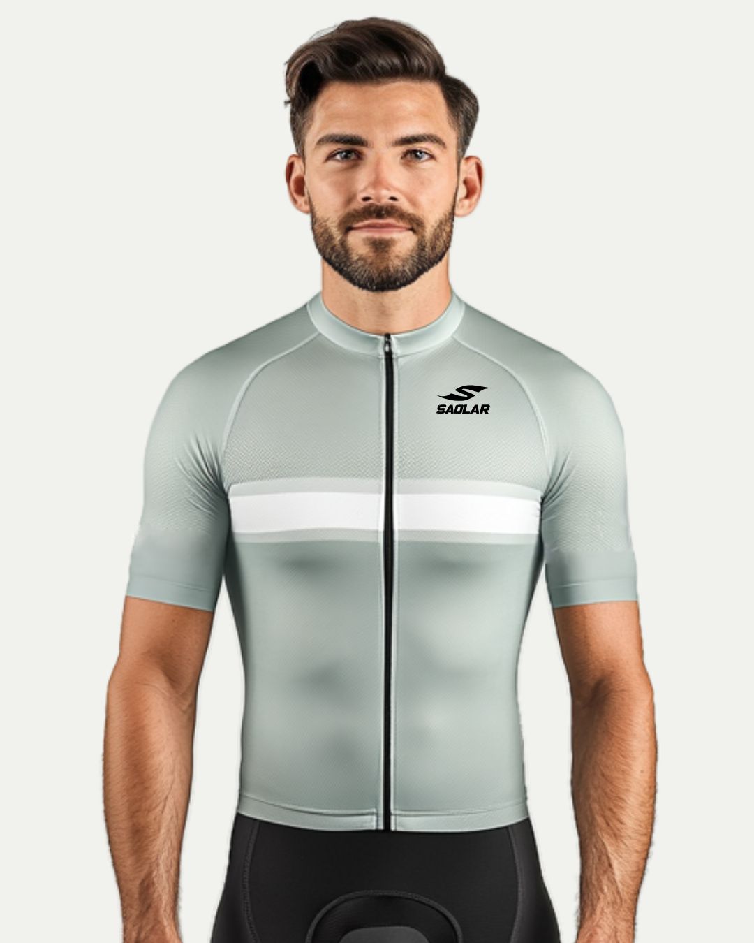 Cyclist wearing SAOLAR gray cycling jersey with white chest stripe.