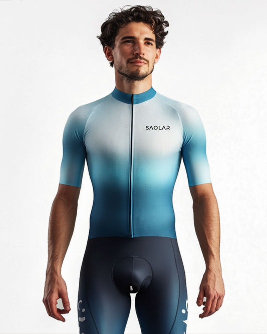 SAOLAR cycling jersey with white-to-blue gradient and race fit.