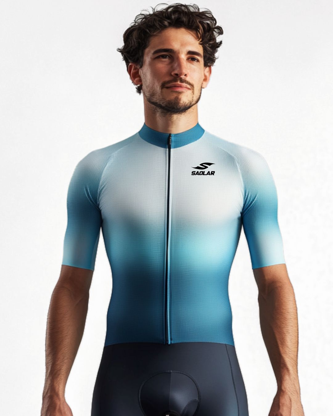 SAOLAR cycling jersey with white-to-blue gradient and race fit.