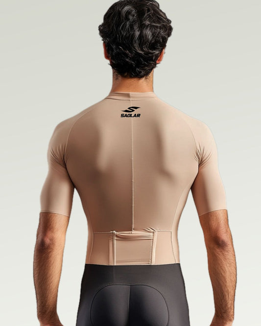 SAOLAR minimalist beige cycling jersey, sleek and lightweight for performance.