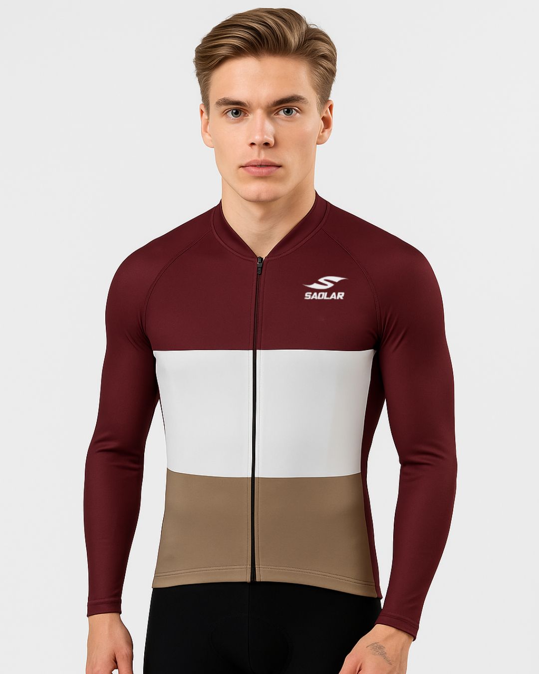 SAOLAR long sleeve cycling jersey in burgundy, white, and beige color block design – premium breathable and aerodynamic cycling apparel.